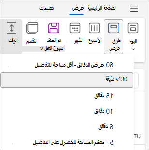 لقطة شاشة تعرض مقياس الوقت ضمن علامة التبويب عرض مع تحديد 30 دقيقة