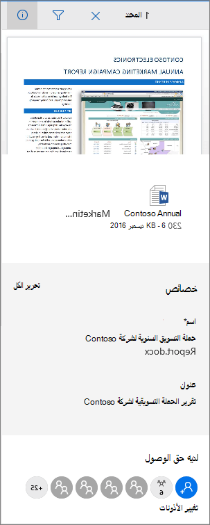 Office 365 لوحة بيانات تعريف المستند