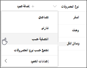 خيار تصفية عنوان عمود SharePoint حسب القائمة