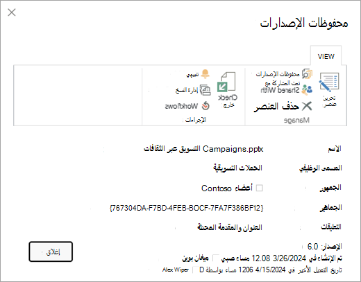 مربع حوار محفوظات الإصدار لملف معين.