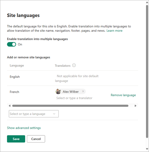 لقطة شاشة تعرض صفحة لغات الموقع في SharePoint.