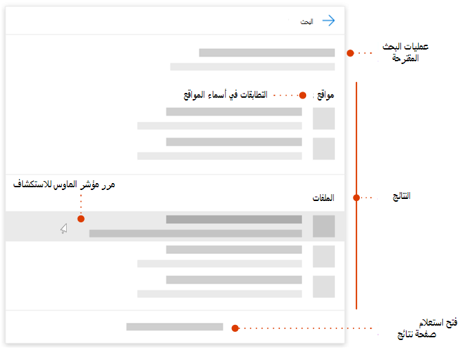 لقطة شاشة لمربع البحث الحديث مع المؤشرات إلى العناصر التي يجب استكشافها
