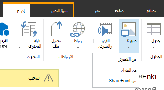 الزر إدراج صورة مع قائمة خيارات المصدر أسفله.