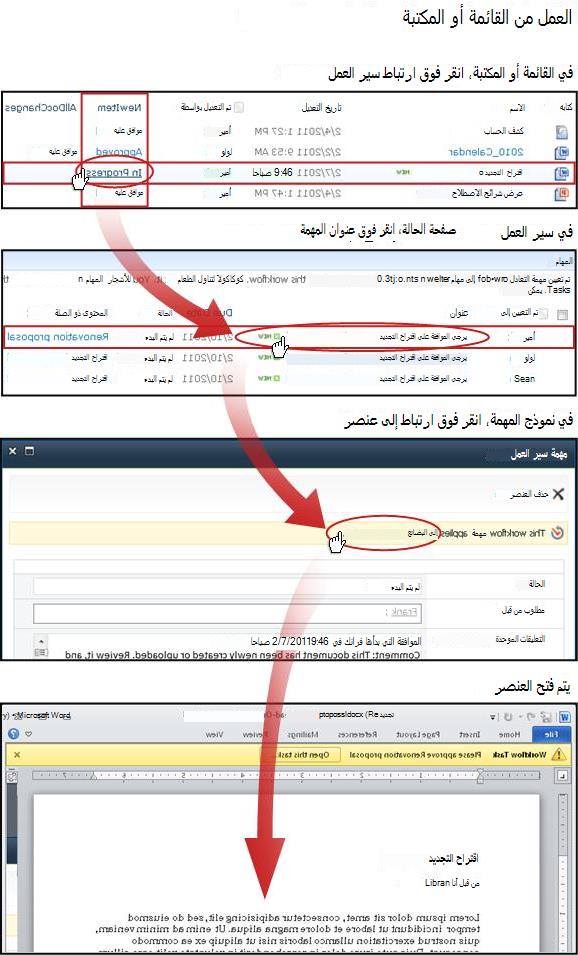 الوصول إلى نموذج العنصر والمهمة من القائمة أو المكتبة