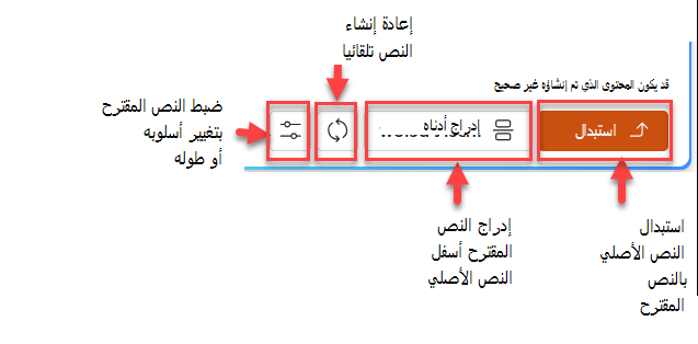 لقطة شاشة لجزء النص المقترح بأربعة أزرار: استبدال وإدراج أدناه وإعادة إنشاء وضبط.