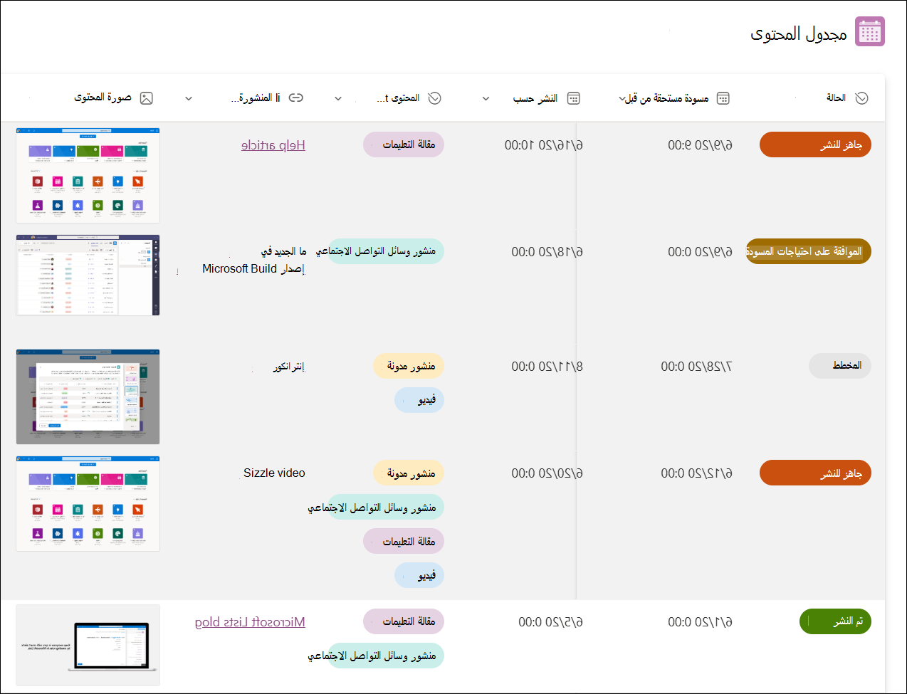لقطة شاشة لقالب عينة جدولة المحتوى