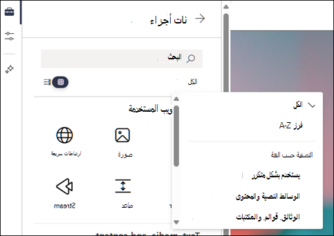 تصفية أجزاء الويب في المستوى 2 من مربع الأدوات