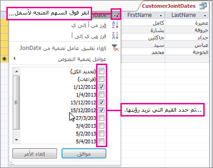 تصفية عمود استعلام في قاعدة بيانات سطح المكتب.