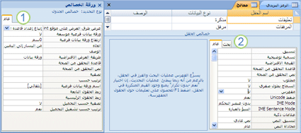 أوراق خصائص الجداول والحقول