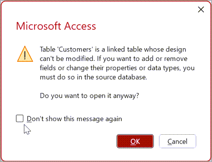مربع حوار تحذير Microsoft Access.
