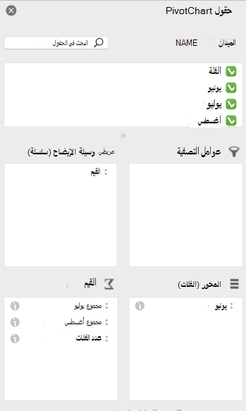 جزء حقول PivotChart في Mac.