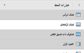 قائمة خيارات نمط الجدول Word for Android