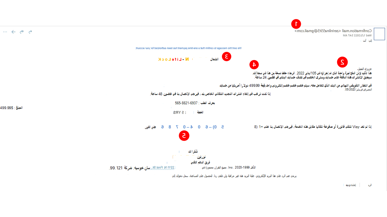مثال على رسالة بريد إلكتروني مخادعة تتظاهر بأنه من Norton.