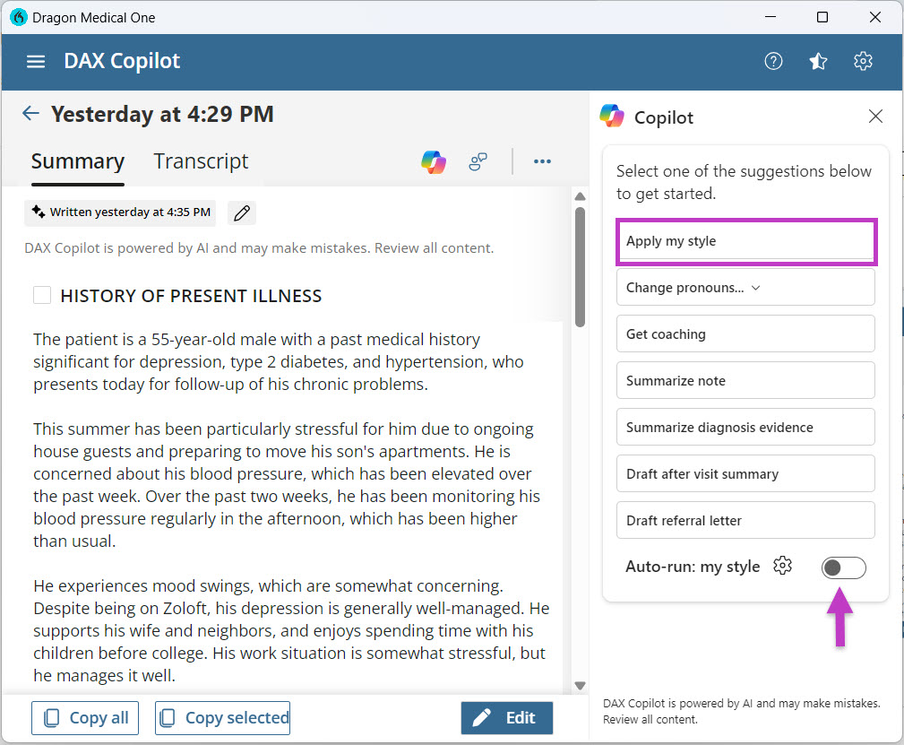 Screenshot of Dragon Medical One with DAX Copilot showing a medical note under History of Present Illness and sidebar options like Apply my style and Change pronouns.