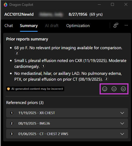 Dragon Copilot feedback icons highlighted