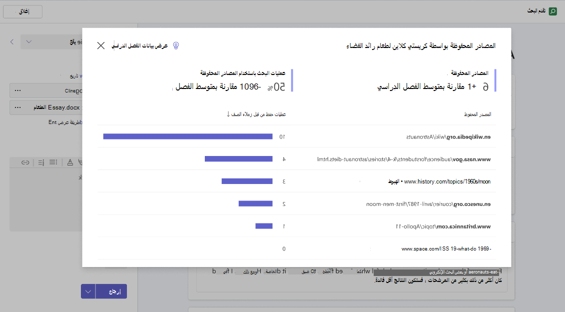نافذة منبثقة تعرض نظرة عامة أكثر تفصيلا حول المصادر التي حفظها الطالب، وعدد المرات التي تم فيها حفظ هذه المصادر بواسطة زملائه في الصف.