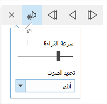 لقطة شاشة لشريط أدوات خيارات صوت القارئ الشامل. يمر الماوس فوق الإعدادات ليكشف عن تبديل لسرعة القراءة والقائمة المنسدلة لاختيار الصوت