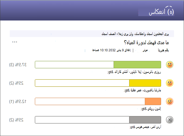 لقطة شاشة لاستجابات مفصلة تظهر أسماء الطلاب الذين استجابوا مع كل الرموز التعبيرية