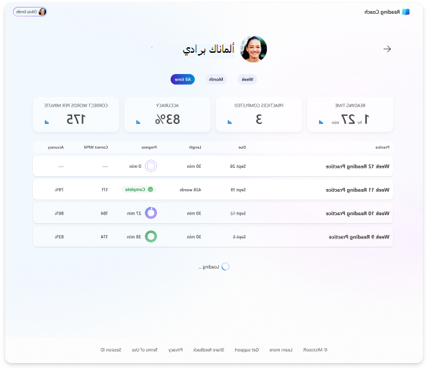 قائمة بالممارسات بمرور الوقت لمتعلم واحد ودرجاته مثل الدقة والكلمات الصحيحة في الدقيقة ومعدل الإكمال