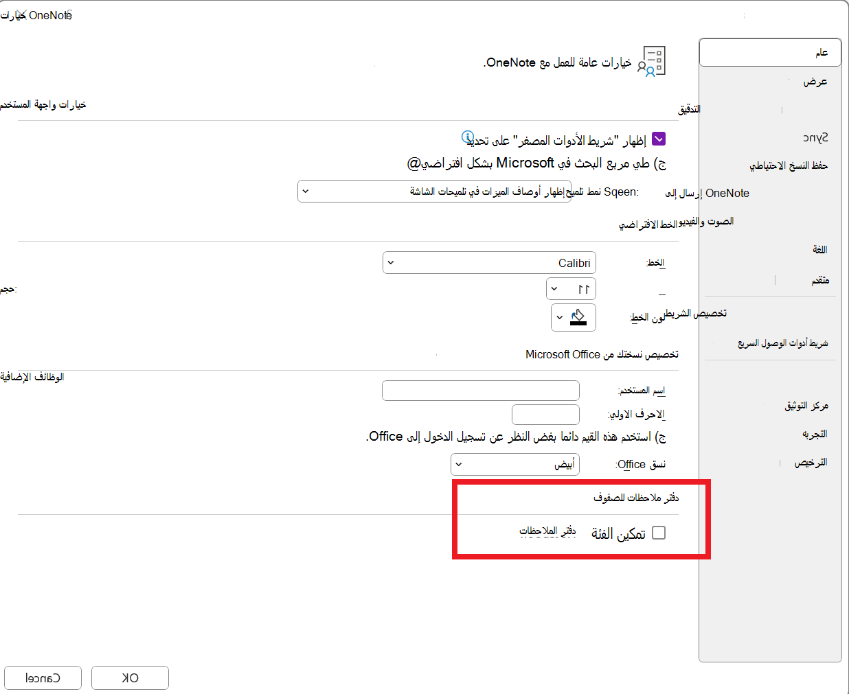 انتقل إلى خيارات > الملفات > عام وحدد تمكين دفتر الملاحظات للصفوف في أسفل الصفحة