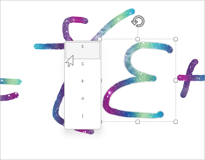 لقطة شاشة توضح كيف يوفر onenote قائمة منسدلة بالبدائل للاختيار من بينها عند تحرير معادلة مكتوبة بخط اليد.