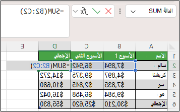 لقطة شاشة ل Excel تعرض الخلية D2 مع صيغة جمع تلقائي أفقي =SUM(B2:C2).