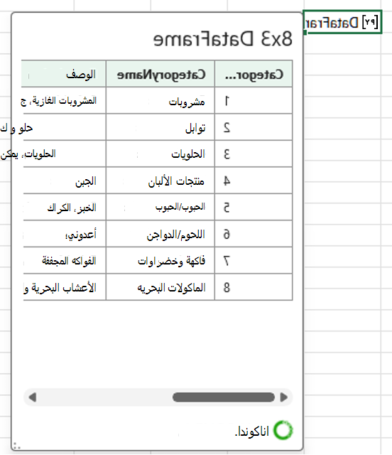 بطاقة Python مفتوحة في إطار بيانات Excel تعرض بيانات الفئة.