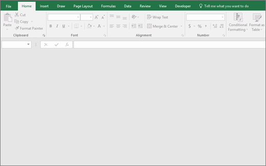 نافذة Excel فارغة مع أزرار غير متوفرة؛ لا يوجد مصنف مفتوح.