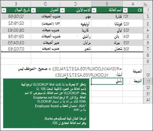 IF(ISNA(VLOOKUP(105,A2:E7,2,FLASE))=TRUE,لم يتم العثور على الموظف,VLOOKUP(105,A2:E7,2,FALSE)) تتحقق دالة IF مما إذا كانت دالة VLOOKUP ترجع قيمة اسم العائلة من العمود B للرقم 105 (lookup_value). إذا عثرت دالة VLOOKUP على اسم عائلة، فستعرض دالة IF اسم العائلة، وبخلاف ذلك، ستعرض قيمة IF 