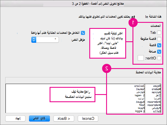 الخطوة 2 في المعالج، أسفل المحددات، اختر كيفية تقسيم البيانات؛ من 