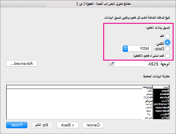 الخطوة 3 في المعالج، تم تحديد خيار النص