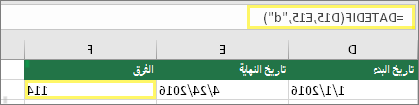الخلية D15 ذات 1/1/2016، الخلية E15 ذات 4/24/2016، الخلية F15 مع الصيغة: =DATEDIF(D15,E15,d) والنتيجة 114
