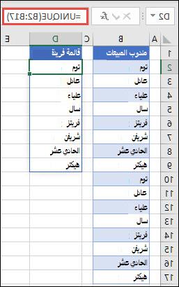 الدالة UNIQUE تُستخدم لفرز قائمة بالأسماء
