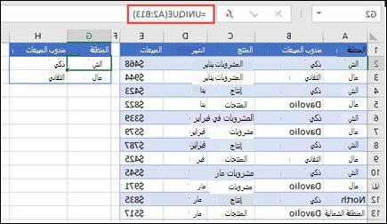 استخدام UNIQUE لإرجاع قائمة بالأشخاص المبيعات.