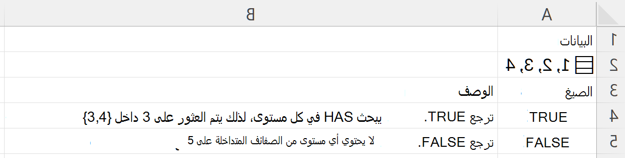 تبحث HAS عن 3 داخل صفيف متداخل وترجع TRUE؛ البحث عن 5 إرجاعات FALSE