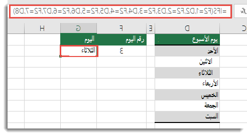 الدالة IFS - مثال أيام الأسبوع - الصيغة في الخلية G2 هي  =IFS(F2=1,D2,F2=2,D3,F2=3,D4,F2=4,D5,F2=5,D6,F2=6,D7,F2=7,D8)