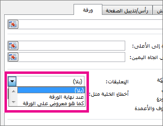 على علامة تبويب الورقة، حدد خياراً ضمن 