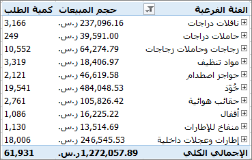 يعرض PivotTable العناصر التي انتقلت لأسفل عليها