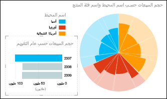 مخطط Power View الدائري للمبيعات حسب القارة مع تحديد بيانات 2007