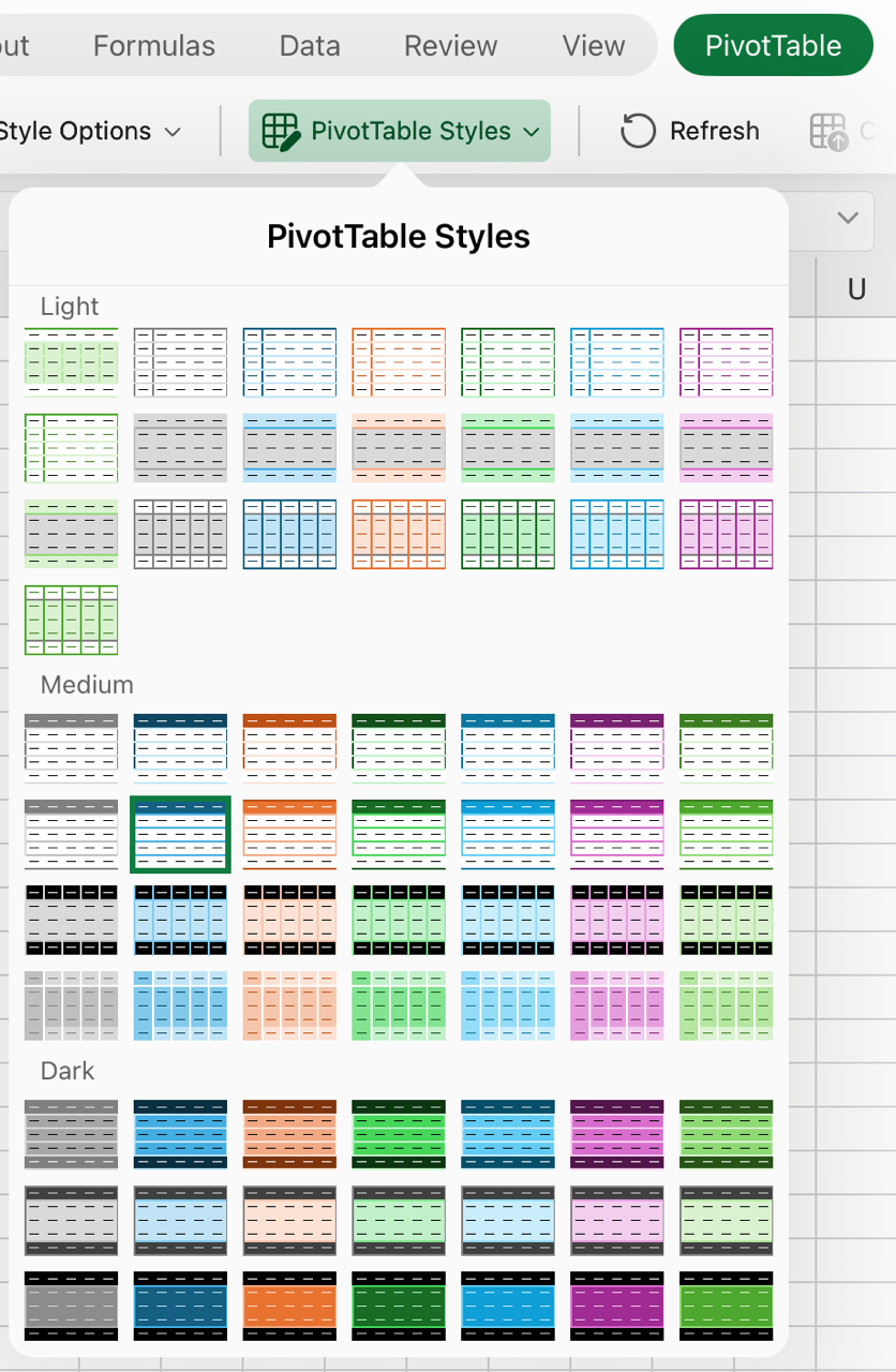 معرض أنماط PivotTables على iPad