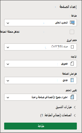 طباعة التحديد الحالي في Excel على الويب