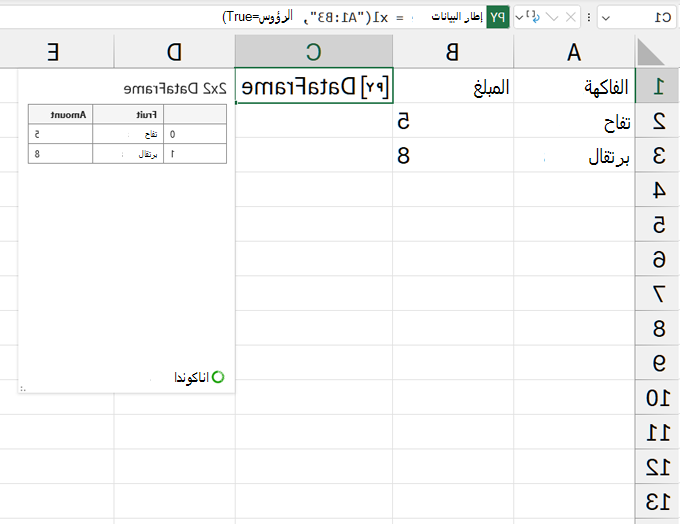 بطاقة DataFrame مفتوحة.