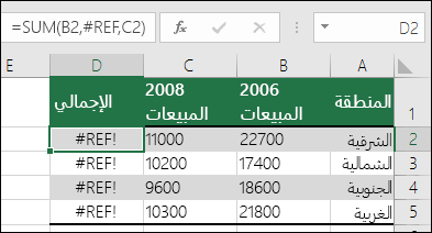 مثال على الخطأ #REF! الناتج عن حذف عمود.