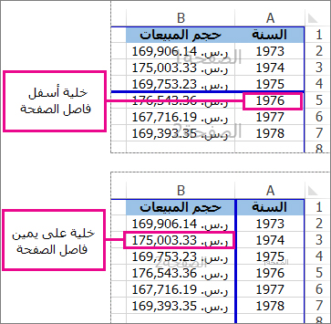 الخلية أسفل فاصل صفحات يدوي أو إلى يساره