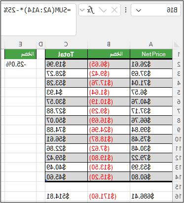 لقطة شاشة ل Excel تظهر =SUM(A2:A14)*-25٪ في الخلية B16 تطبيق خصم بنسبة 25٪ على نطاق مجمع.