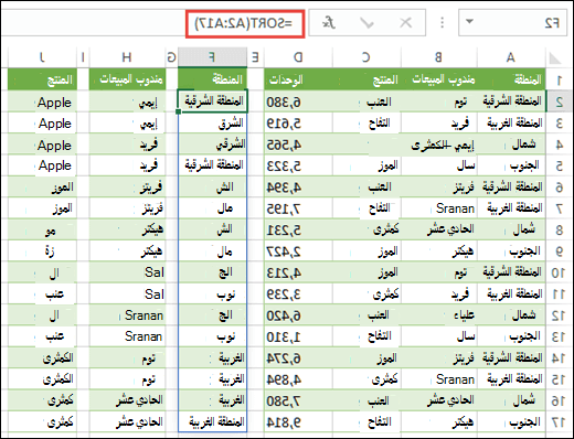استخدم الدالة SORT لفرز نطاقات البيانات. هنا كانت تستخدم =SORT(A2:A17) لفرز المنطقة، ثم نسخها إلى الخلايا H2 & J2 لفرز اسم مندوب المبيعات والمنتج.