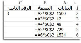 توجد الأرقام في العمود A، والصيغة في العمود B مع علامات $، والرقم 3 في العمود C