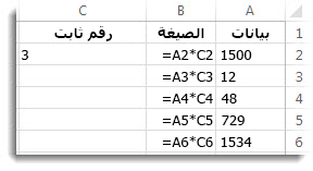بيانات في العمود A، وصيغ في العمود B، والرقم 3 في الخلية C2
