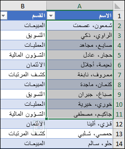 مثال على فرز نطاق صغير ضمن نطاق أكبر.