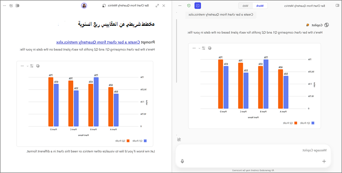 مثال على مخطط شريطي في Copilot Chat والصفحات